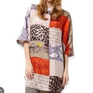 Anthropology Y2k Silk Colorful Patchwork Oversized Tunic Laurence Maheo Top